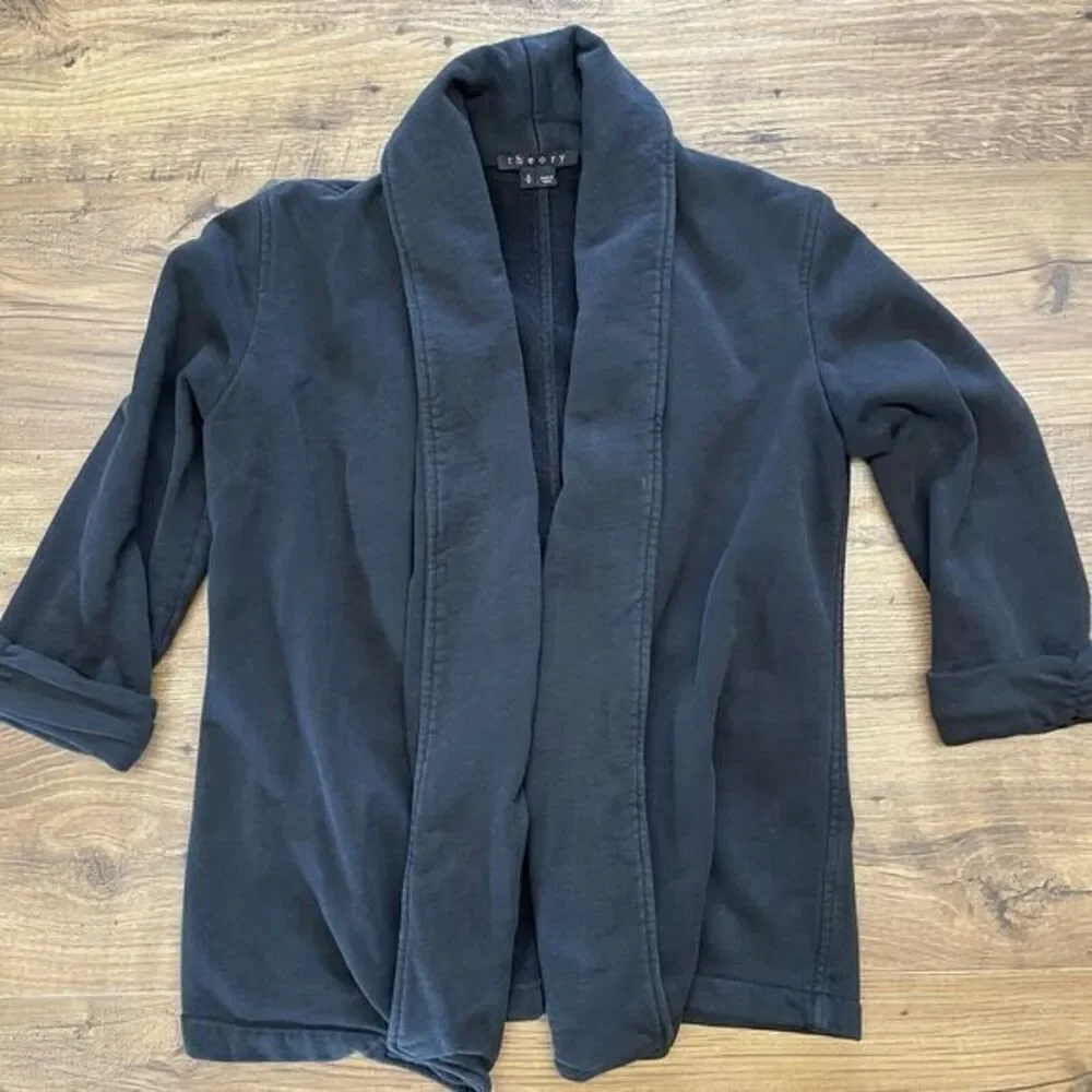Theory Womens Small Black Cotton Cardigan Jacket 3/4‎ Gathered Sleeves Career
